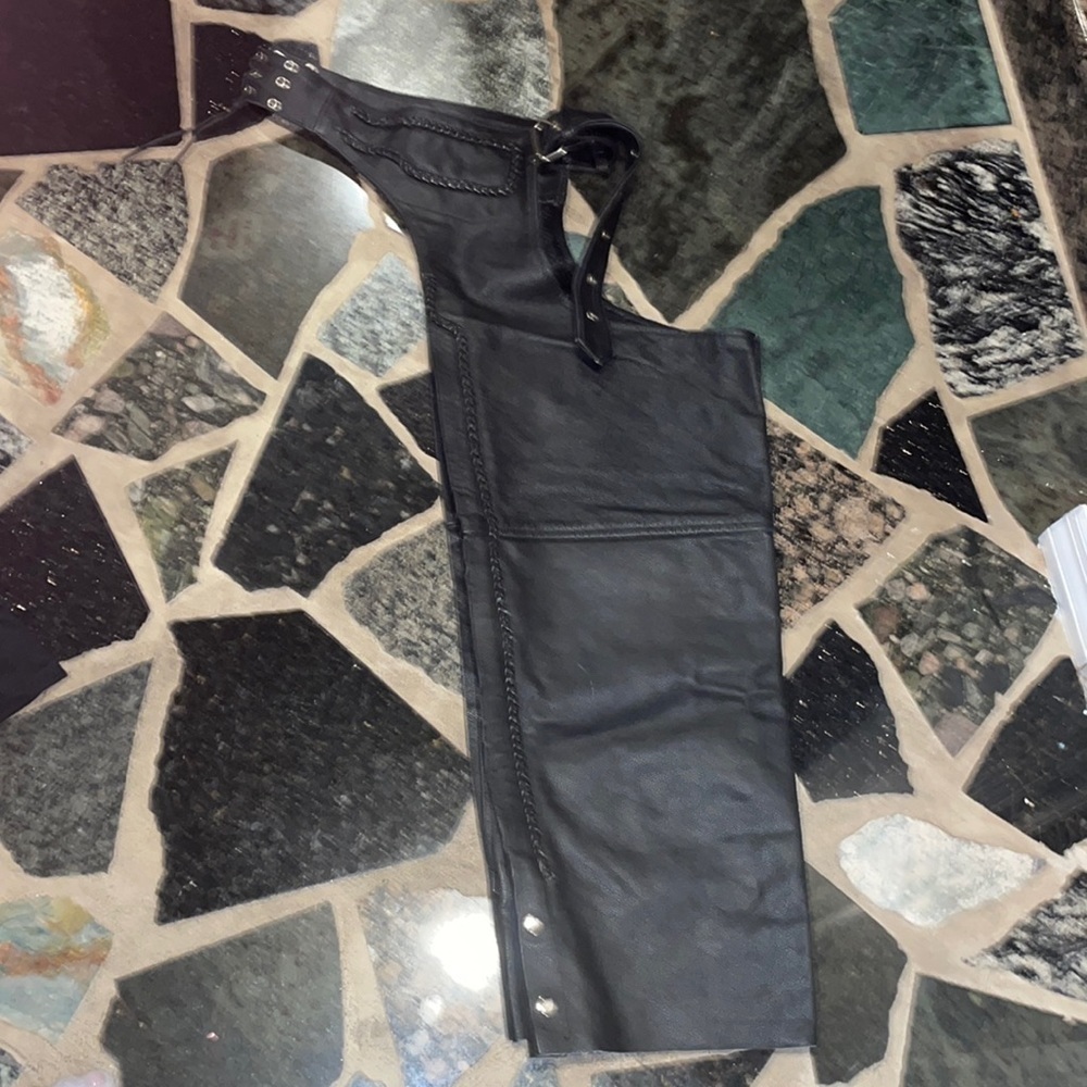 Classic Black Thermal Lined Leather Motorcycle Chaps with Outside Flap Pocket